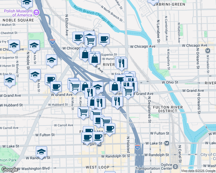 map of restaurants, bars, coffee shops, grocery stores, and more near 579 West Grant Place in Chicago
