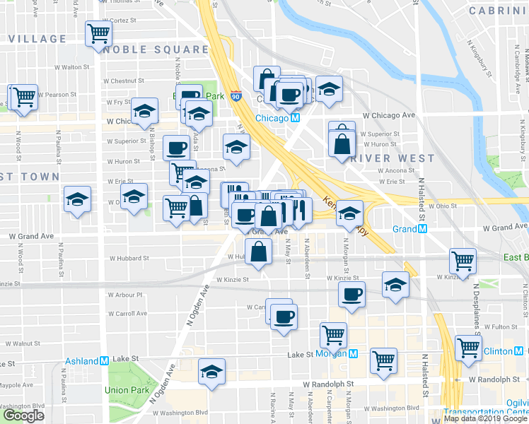 map of restaurants, bars, coffee shops, grocery stores, and more near 529 North Racine Avenue in Chicago