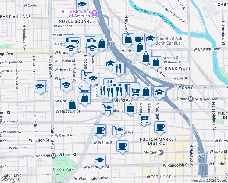 map of restaurants, bars, coffee shops, grocery stores, and more near 532 North Ogden Avenue in Chicago