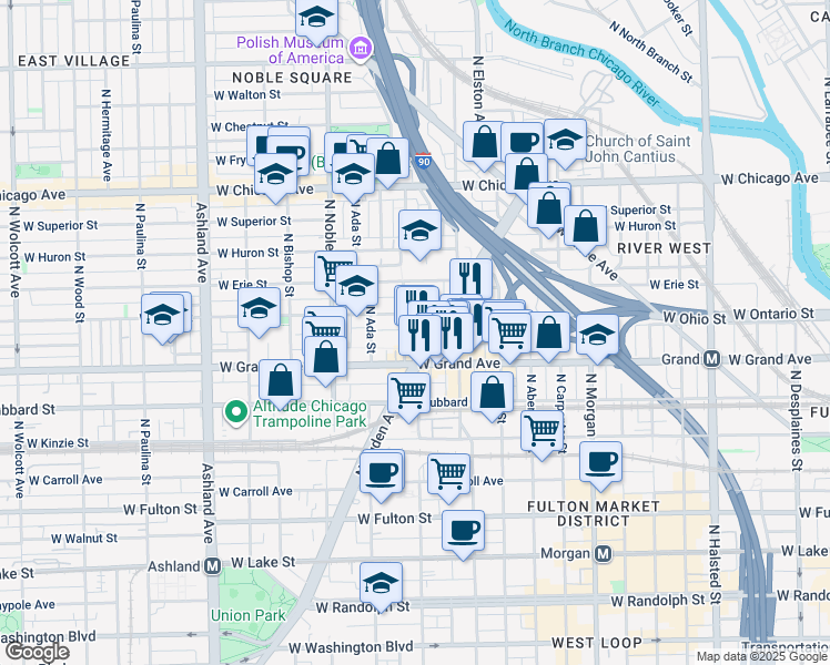 map of restaurants, bars, coffee shops, grocery stores, and more near 532 North Ogden Avenue in Chicago