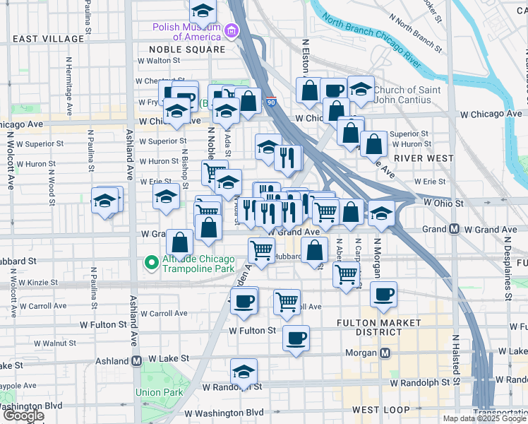 map of restaurants, bars, coffee shops, grocery stores, and more near 532 North Ogden Avenue in Chicago