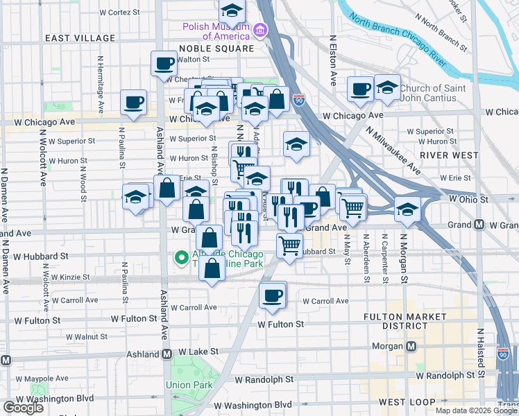 map of restaurants, bars, coffee shops, grocery stores, and more near 528 North Ada Street in Chicago