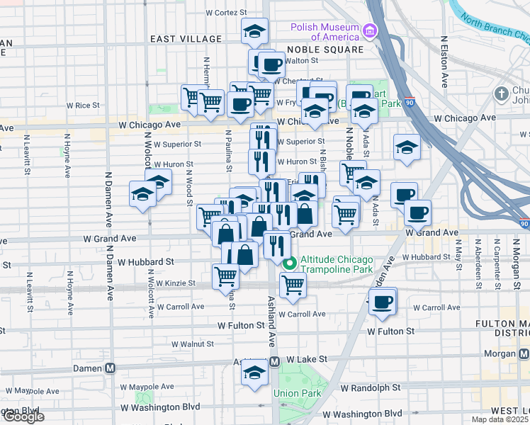 map of restaurants, bars, coffee shops, grocery stores, and more near 532 North Ashland Avenue in Chicago