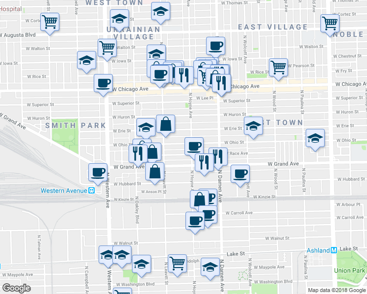 map of restaurants, bars, coffee shops, grocery stores, and more near 2101 West Ohio Street in Chicago