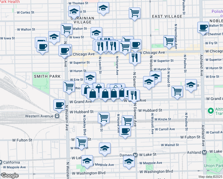 map of restaurants, bars, coffee shops, grocery stores, and more near 2141 West Ohio Street in Chicago