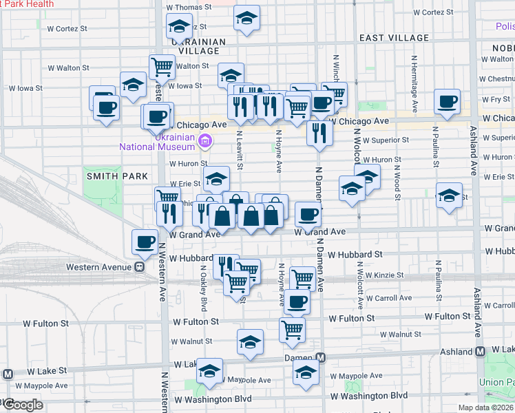 map of restaurants, bars, coffee shops, grocery stores, and more near 2141 West Ohio Street in Chicago