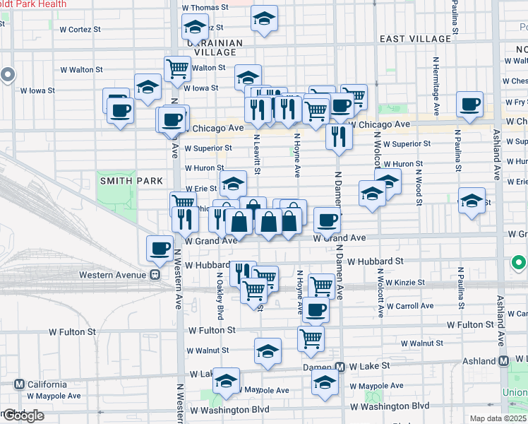 map of restaurants, bars, coffee shops, grocery stores, and more near 2141 West Ohio Street in Chicago