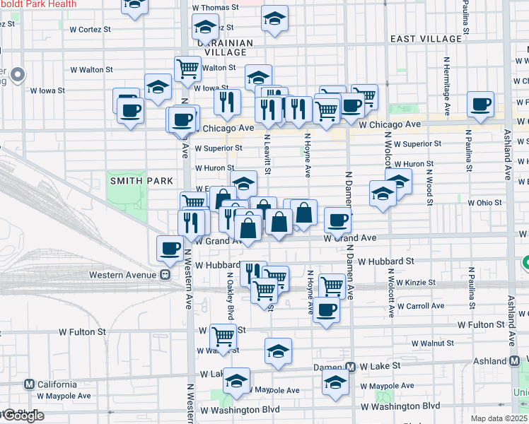 map of restaurants, bars, coffee shops, grocery stores, and more near 2211 West Ohio Street in Chicago