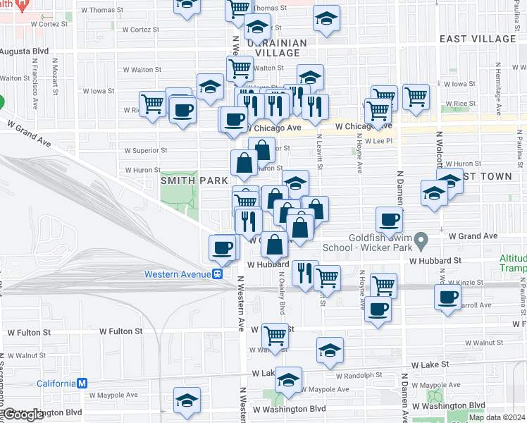 map of restaurants, bars, coffee shops, grocery stores, and more near 536 North Claremont Avenue in Chicago