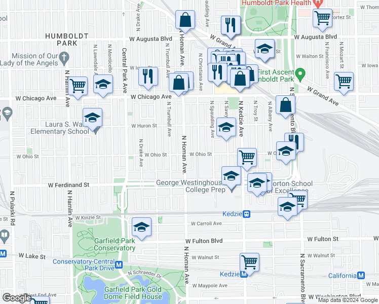 map of restaurants, bars, coffee shops, grocery stores, and more near 601 North Homan Avenue in Chicago