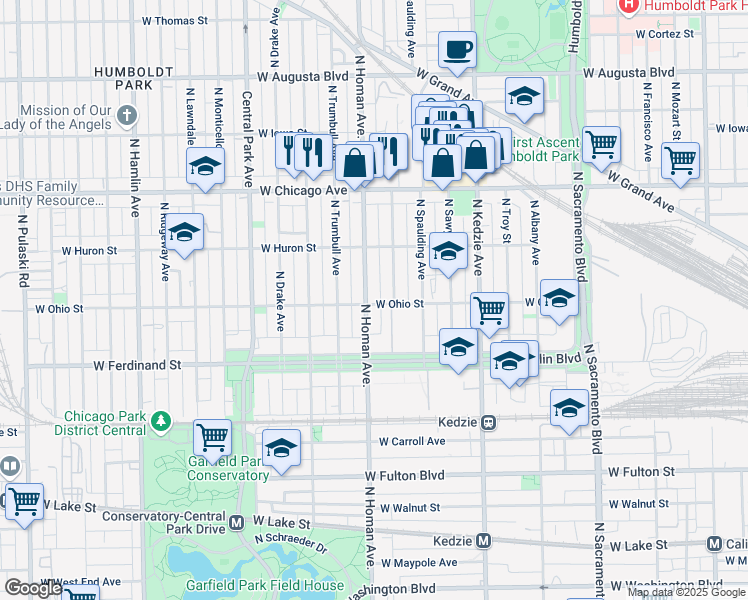 map of restaurants, bars, coffee shops, grocery stores, and more near 601 North Homan Avenue in Chicago