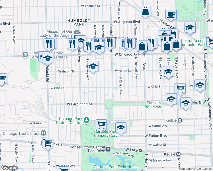 map of restaurants, bars, coffee shops, grocery stores, and more near 605 North Monticello Avenue in Chicago