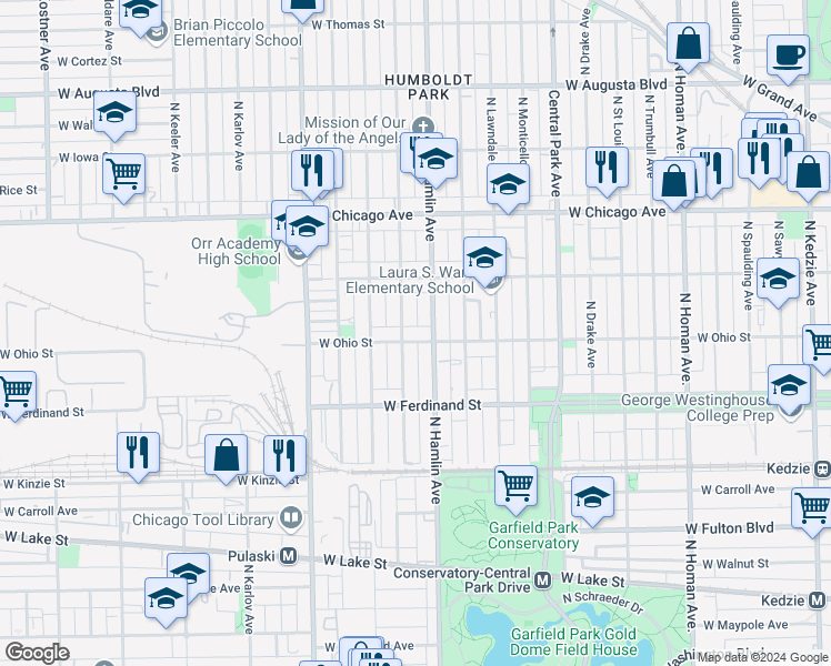 map of restaurants, bars, coffee shops, grocery stores, and more near 3806 West Ohio Street in Chicago