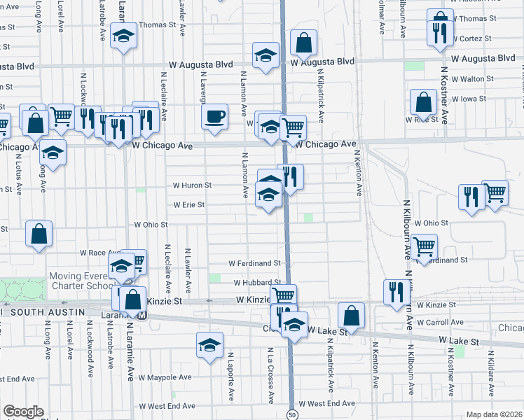map of restaurants, bars, coffee shops, grocery stores, and more near 4847 West Erie Street in Chicago