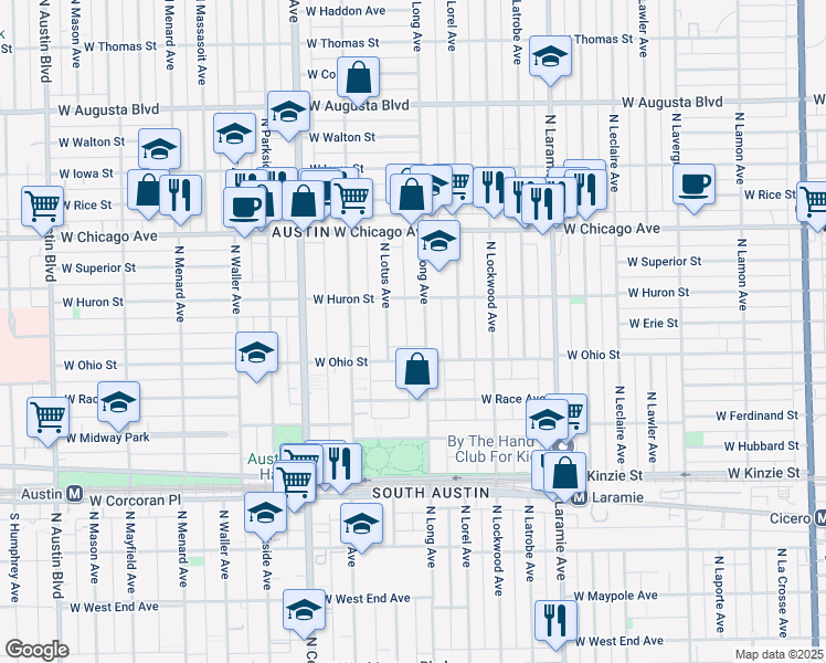 map of restaurants, bars, coffee shops, grocery stores, and more near 629 North Long Avenue in Chicago
