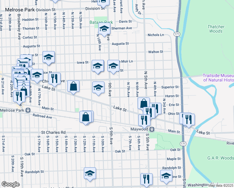 map of restaurants, bars, coffee shops, grocery stores, and more near 507 North 8th Avenue in Maywood
