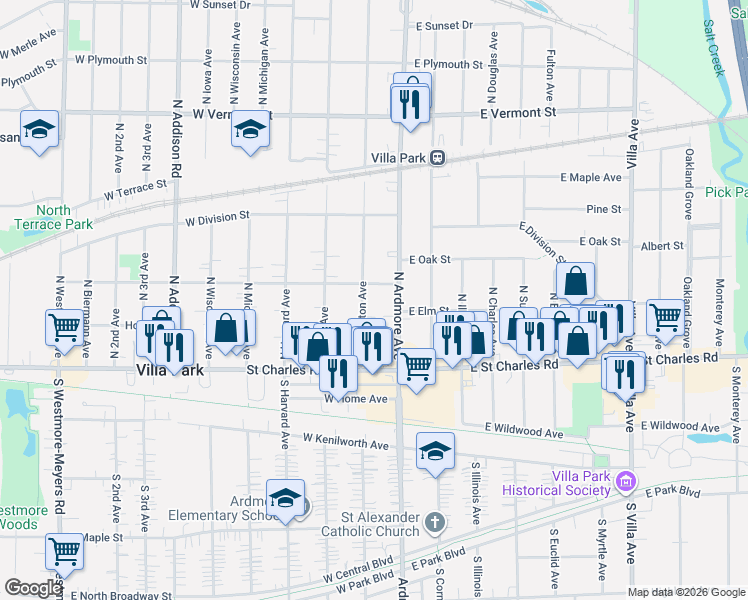 map of restaurants, bars, coffee shops, grocery stores, and more near 112 North Ardmore Avenue in Villa Park