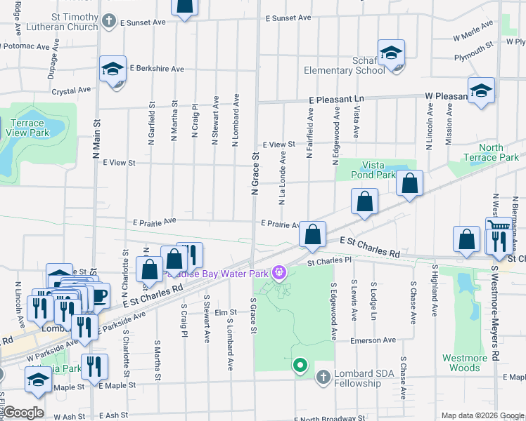 map of restaurants, bars, coffee shops, grocery stores, and more near 263 N Grace St in Lombard