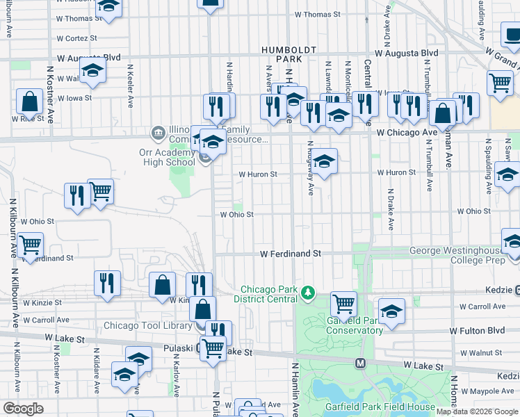 map of restaurants, bars, coffee shops, grocery stores, and more near 3848 West Ohio Street in Chicago