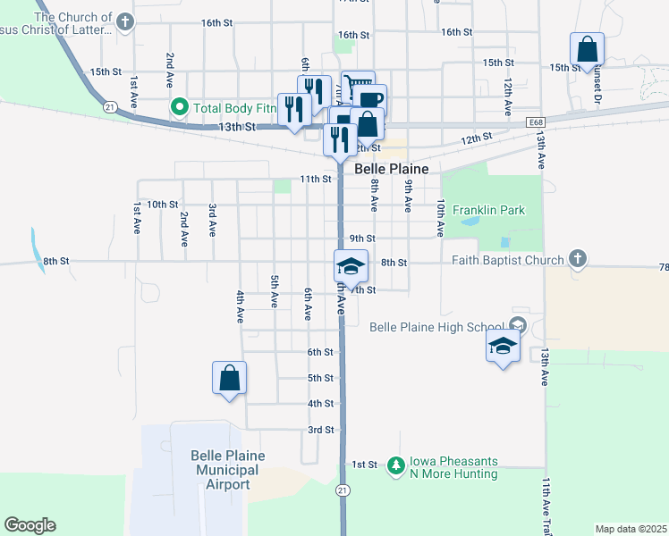 map of restaurants, bars, coffee shops, grocery stores, and more near 712 7th Avenue in Belle Plaine