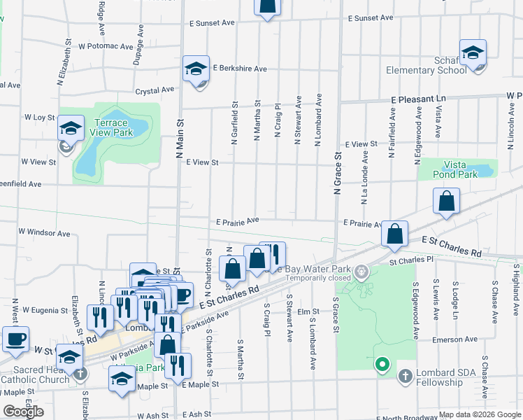 map of restaurants, bars, coffee shops, grocery stores, and more near 208 North Craig Place in Lombard