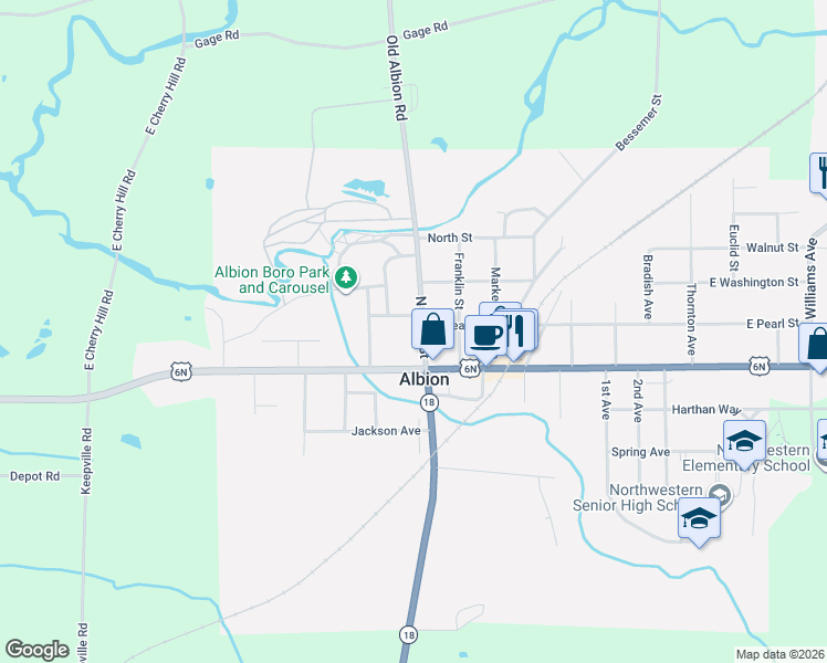 map of restaurants, bars, coffee shops, grocery stores, and more near 32 North Main Street in Albion