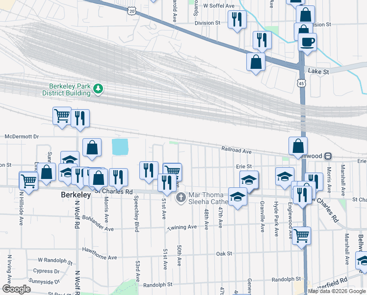 map of restaurants, bars, coffee shops, grocery stores, and more near 17 50th Ave in Bellwood