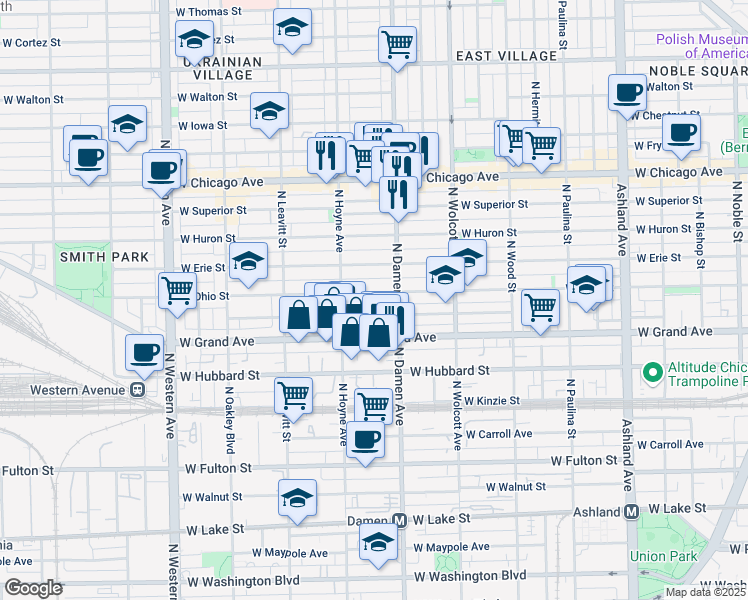 map of restaurants, bars, coffee shops, grocery stores, and more near 2025 West Ohio Street in Chicago