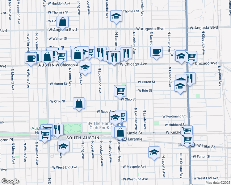 map of restaurants, bars, coffee shops, grocery stores, and more near 626 North Laramie Avenue in Chicago
