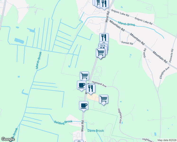 map of restaurants, bars, coffee shops, grocery stores, and more near 166 West Road in Ellington
