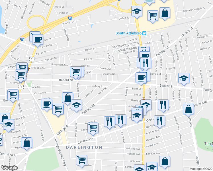 map of restaurants, bars, coffee shops, grocery stores, and more near 94 Ordway Street in Pawtucket