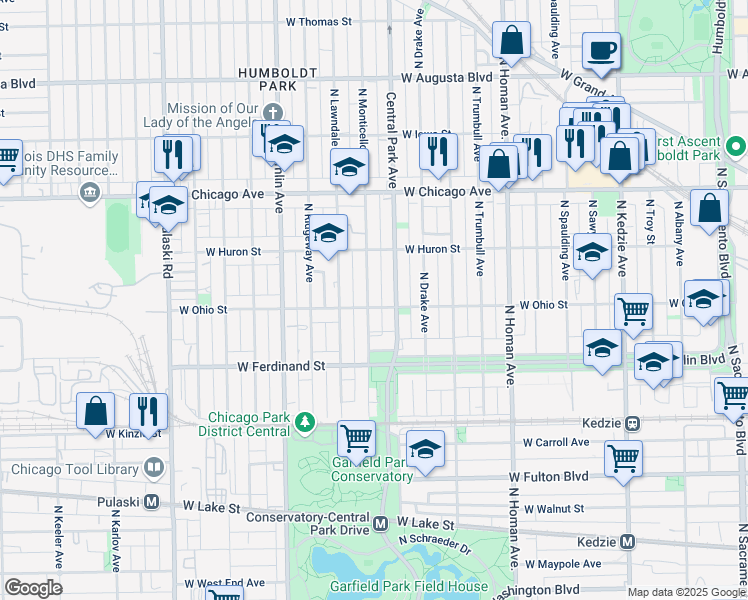 map of restaurants, bars, coffee shops, grocery stores, and more near 605 North Monticello Avenue in Chicago