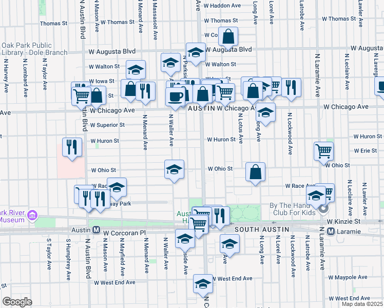 map of restaurants, bars, coffee shops, grocery stores, and more near 629 North Parkside Avenue in Chicago