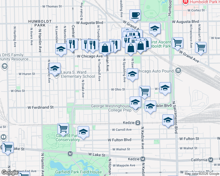 map of restaurants, bars, coffee shops, grocery stores, and more near 3350 West Ohio Street in Chicago