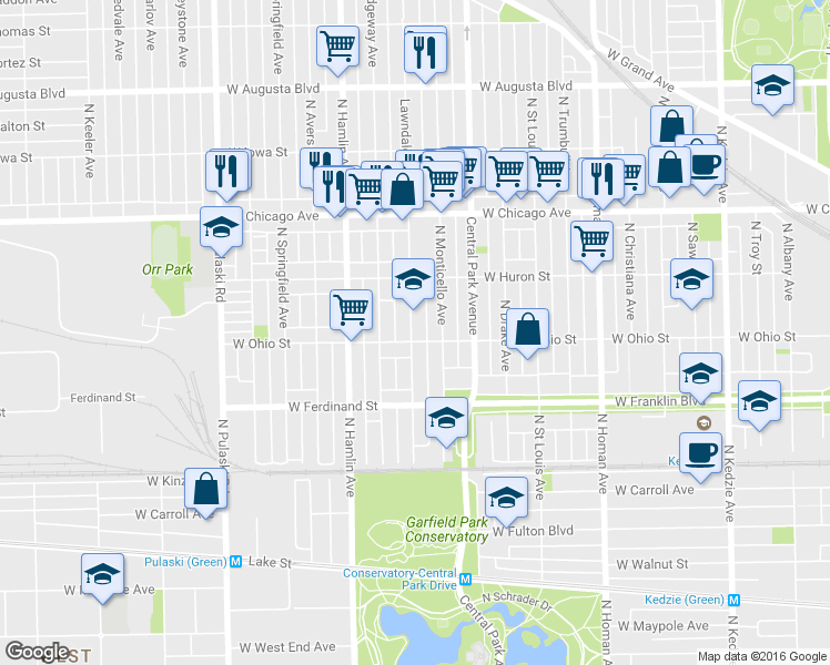 map of restaurants, bars, coffee shops, grocery stores, and more near 3658 West Ohio Street in Chicago