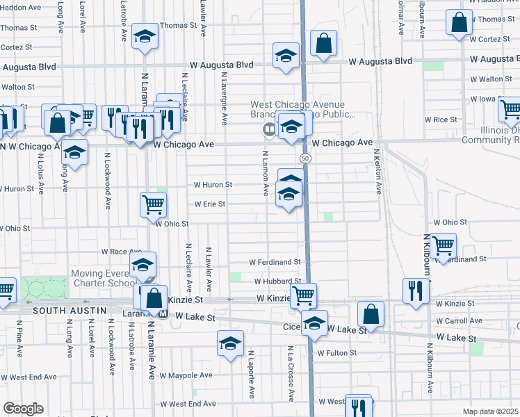 map of restaurants, bars, coffee shops, grocery stores, and more near 4909 West Erie Street in Chicago