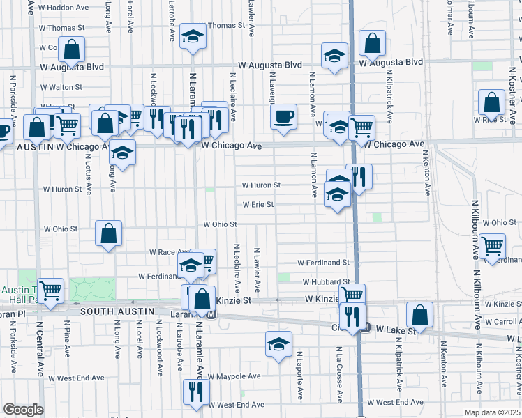 map of restaurants, bars, coffee shops, grocery stores, and more near 5021 West Erie Street in Chicago