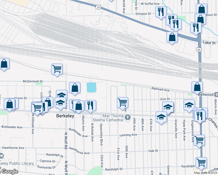 map of restaurants, bars, coffee shops, grocery stores, and more near 18 52nd Avenue in Bellwood