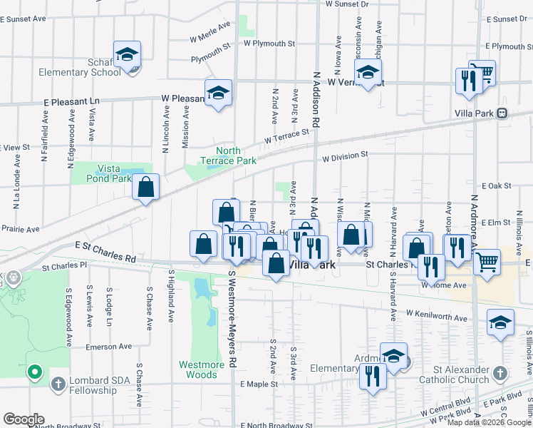 map of restaurants, bars, coffee shops, grocery stores, and more near 124 North 2nd Avenue in Villa Park