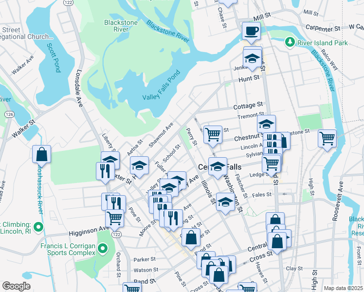 map of restaurants, bars, coffee shops, grocery stores, and more near 4 School Street in Central Falls