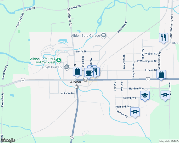 map of restaurants, bars, coffee shops, grocery stores, and more near 16 Market Street in Albion