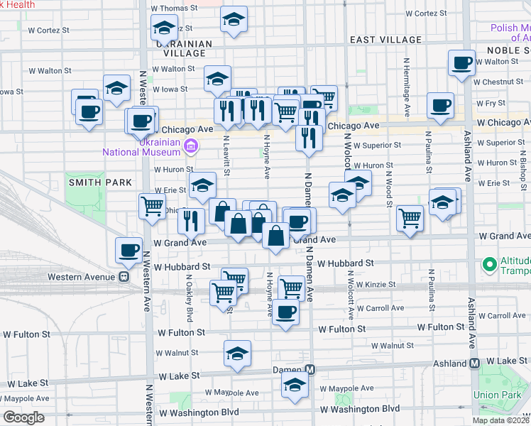 map of restaurants, bars, coffee shops, grocery stores, and more near 2101 West Ohio Street in Chicago