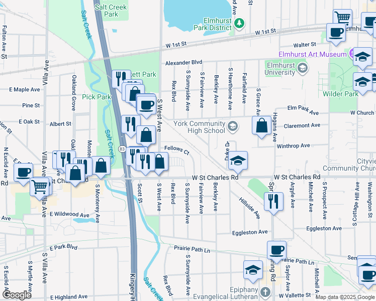 map of restaurants, bars, coffee shops, grocery stores, and more near 155 Fellows Court in Elmhurst