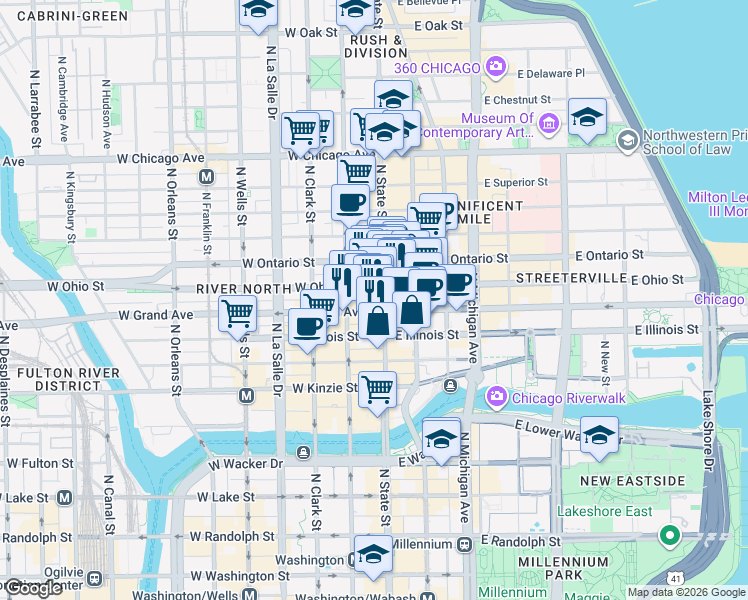 map of restaurants, bars, coffee shops, grocery stores, and more near 2 West Grand Avenue in Chicago