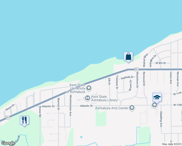 map of restaurants, bars, coffee shops, grocery stores, and more near 3335 Lake Road West in Ashtabula