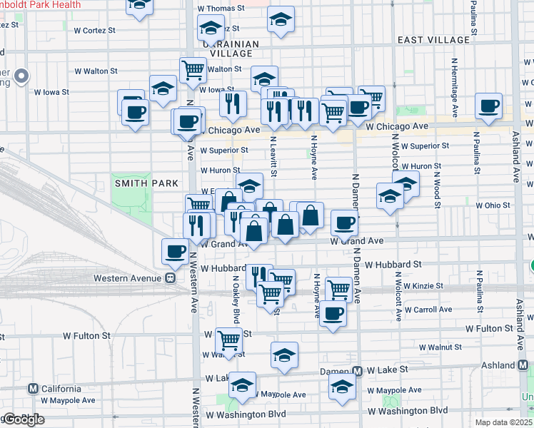 map of restaurants, bars, coffee shops, grocery stores, and more near 2211 West Ohio Street in Chicago