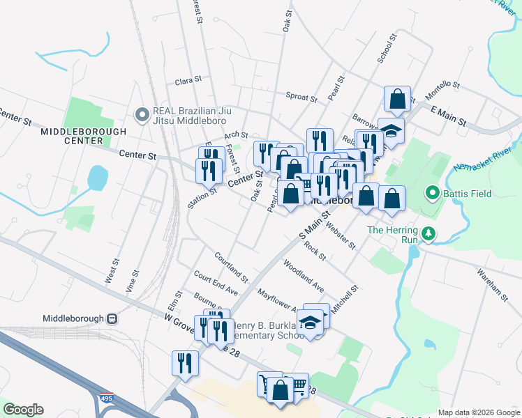 map of restaurants, bars, coffee shops, grocery stores, and more near 14 High Street in Middleborough