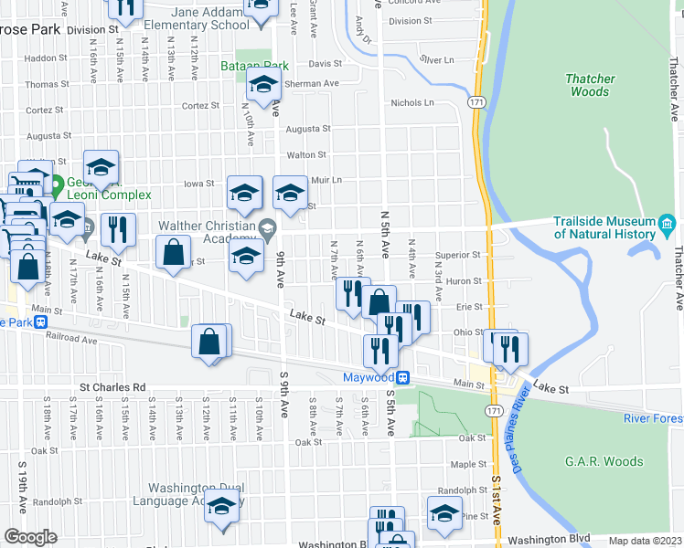 map of restaurants, bars, coffee shops, grocery stores, and more near 507 North 7th Avenue in Maywood