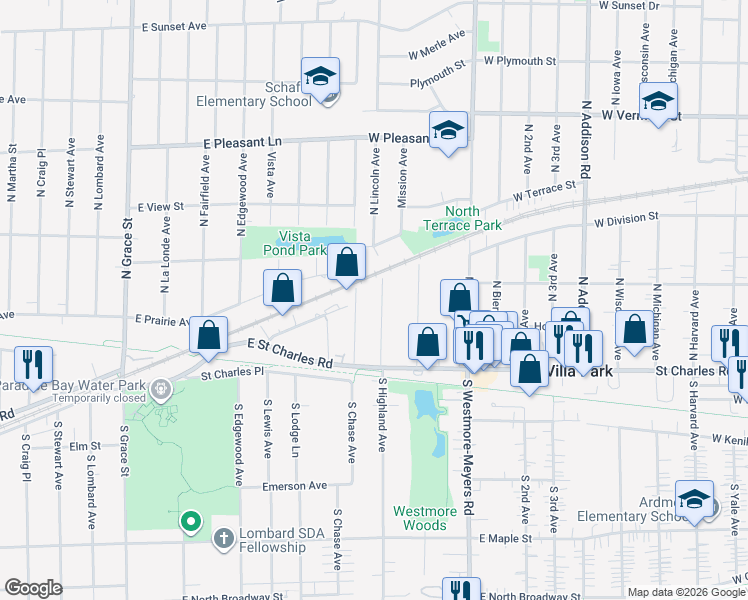 map of restaurants, bars, coffee shops, grocery stores, and more near 126 North Highland Avenue in Lombard