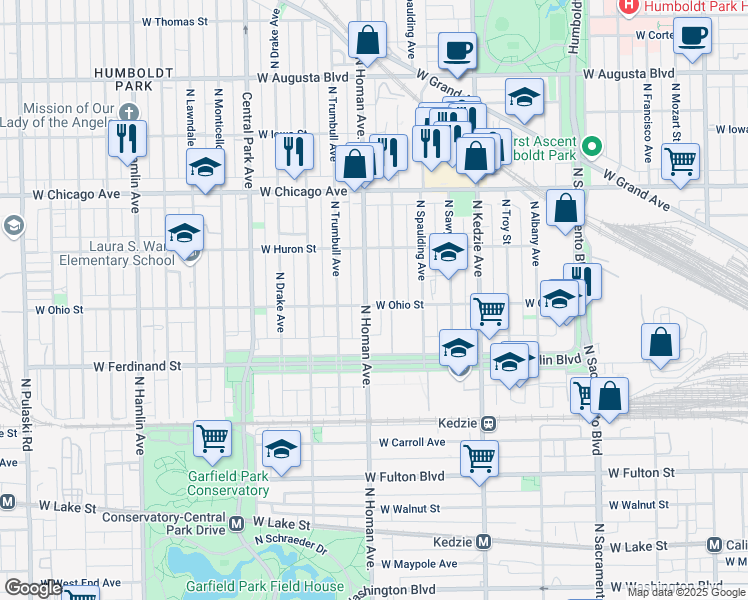 map of restaurants, bars, coffee shops, grocery stores, and more near 601 North Homan Avenue in Chicago